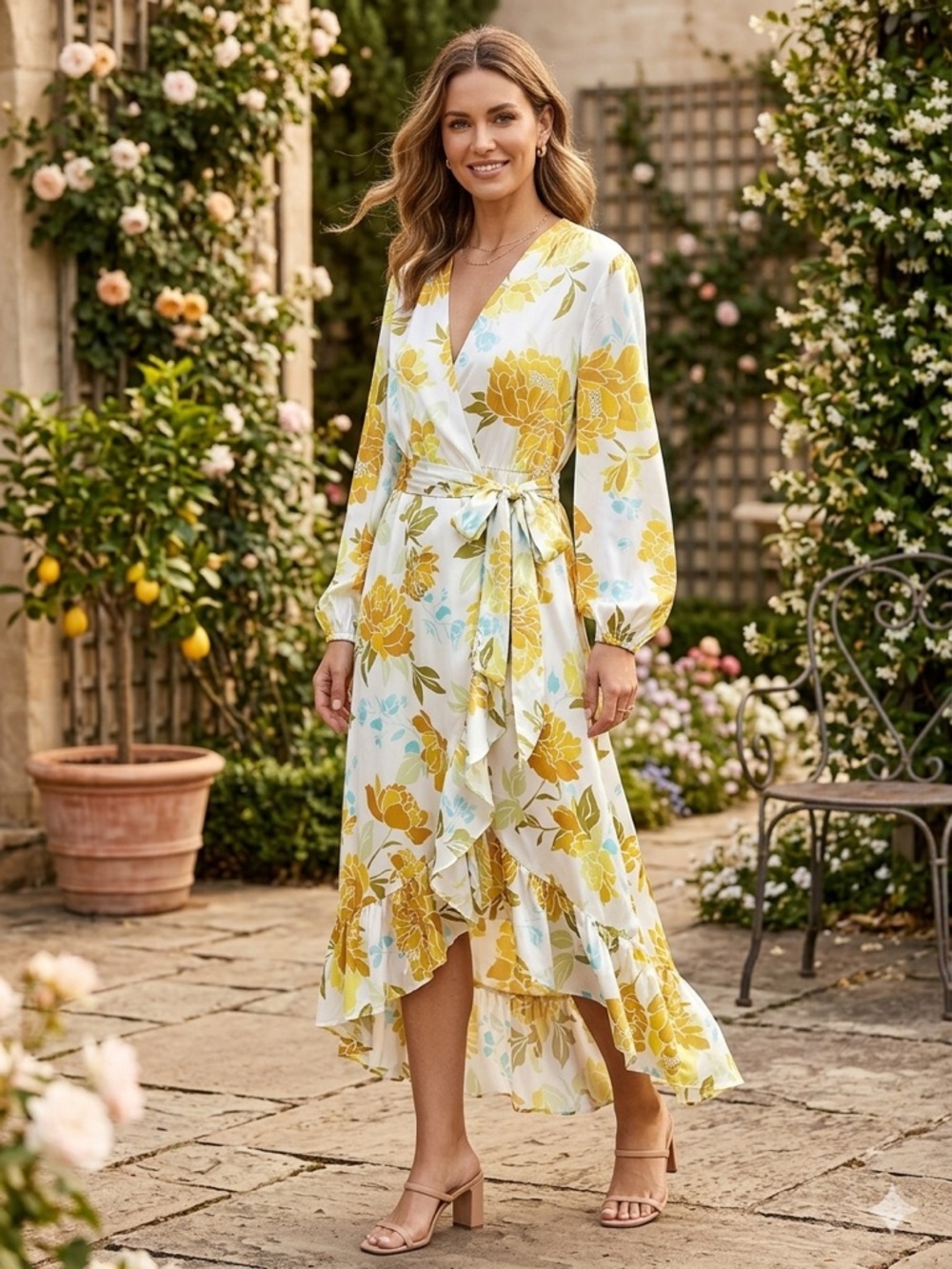 Long Sleeve Floral Wrap Maxi Dress in Yellow